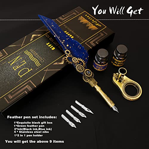 Quill Pen Ink Set,Calligraphy Pen Set,Includes:feather Pen,2 Bottles Of Color Ink, 2 In One Holder, 4 Stainless Steel Nibs, Black Gift Box-Blue #TOP3