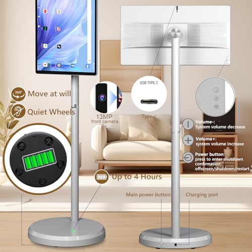 Image of 21.5 inch FHD Smart Portable TV, Rolling TV on Wheels, Android 15 OS, 6G +128GB Storage, Portable Touch Screen Monitor, 13MP Camera, Built-in Battery, 60Hz Refresh Rate, Full Swivel Rotation, Voice Remote