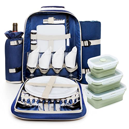 Frolk Picnic Backpack Set for 4 - Picnic Basket Backpack Kit with 4 Cutlery Sets, Cooler Compartment, Wine Holder, Picnic Blanket, 3 Food Storage Containers - Gift Picnic Bag for Valentine Day