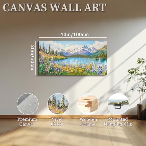 crmotu Colorful Wildflowers Large Wall Art, Lakeside Mountain Forest Landscape Paintings, Nature Wilderness Canvas Prints, Rustic Charm Pictures Wall Decor Living Room Bedroom Farmhouse 20x40 Inch