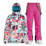 GSOU SNOW Chaqueta y Pantalones de Esquí para Mujer, Traje de Esquí de 2 Piezas, con Capucha Impermeable Cortaviento Transpirable Cálido Aislante