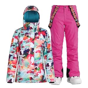 GSOU SNOW Ensemble Veste et Pantalon de Ski pour Femme, Combinaison de Ski 2 Pièces, à Capuche Imperméable Coupe-vent Respirant Chaud Isolé