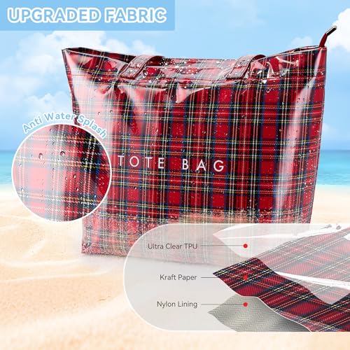 Image of KALIDI PVC Zipper Tote Bag, Jelly Kraft Paper Beach Bag Large Hobo Carry All Travel Shopping Handbag Plastic Shoulder Bag