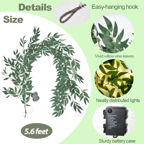 Image of Green Vines Garland with Lights 96 LED Battery Operated with Timer Faux Willow Leaves Twig with Lights Greenery Garlands Decortions for Mantel Fireplace Table Wall Patio Wedding Holiday Home Decor