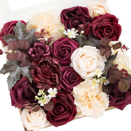 Ling's moment Burgundy Artificial Flowers and Greenery Combo Box Set,