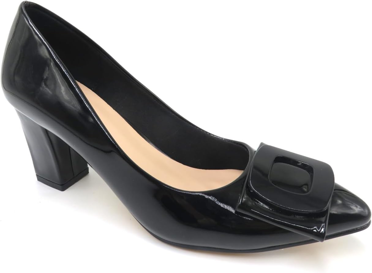 Women's Classic Faux Leather Square Toe with Decorative Buckle, Block Heel Pumps Professional Dress Shoes