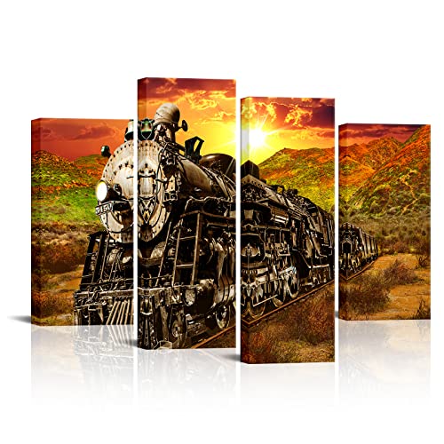 Rnnjoile 4 Piece Train Canvas Wall Art Steam Train Locomotive Crossing Spring Fields In Sunset Picture Prints Old Style Vehicle Painting Artwork For Living Room Bedroom Decor Framed #TOP11