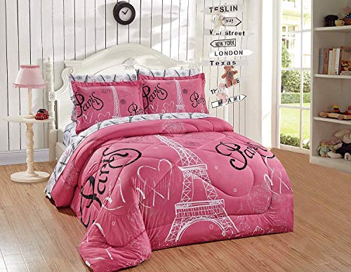 Home Collection Twin Size Comforter And Sheet Set Paris Eiffel Tower Hearts Flowers for Girls/Teens White Pink Black Pink/ Pink New
