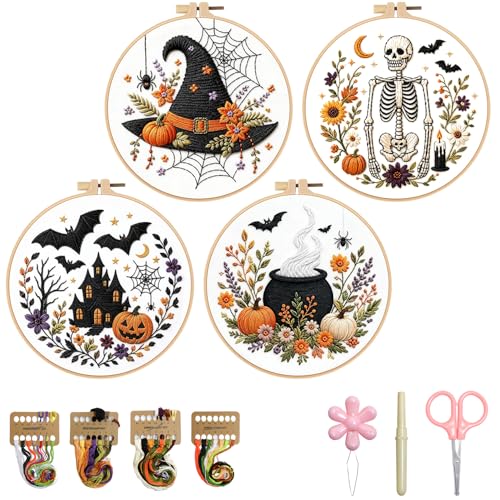 Embroidery Kit 4 Pack Cross Stitch Kits DIY Embroidery Starter Kit for Adults & Beginners DIY Needlepoint Kit with Embroidery Hoop Thread Needle for Craft Lover Birthday Gifts (Halloween-4 Set2)