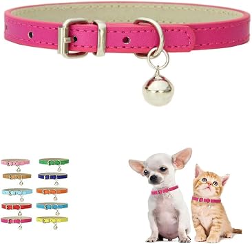 Cat Bell Collar, Xs Dog Collar, Hot Pink Puppy Collar Girl Faux Leather Pu Adjustable for XXS Xs Small Pet Dogs Cats Animal Litter Tiny Female,XSmall