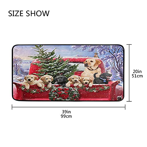 Christmas Red Truck Dog Kitchen Rugs Winter Snowflake Xmas Tree Bath Rug Indoor Outdoor Doormat Runner Comfort Mat Non-Slip Carpet For Bathroom 39" X 20" #TOP2