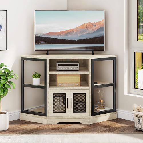 DWVO Farmhouse Corner TV Stand for Living Room, TV Stand for 55 Inch TV, Entertainment Center with Storage and Power Outlet, TV Console Cabinet, White Oak