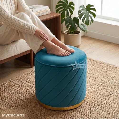 Image of Ottoman Stool, Puffy Stool, Sitting Stool, Modern Upholstered Round Ottoman, Dressing Table for Living-Aqua