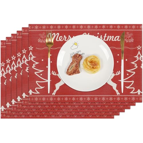 Famibay Juego de 6 manteles individuales lavables para Navidad, color rojo, resistentes al calor, antideslizantes, de plástico PVC, para cocina, hogar, mesa de comedor, hotel