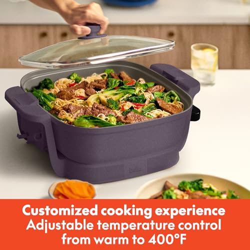 Image of bella Make & Take Electric Skillet, Fits-anywhere kitchenware, EverGood Ceramic Coating, Adjustable Temperature & Dishwasher-Safe Tempered Glass Lid, Cast Aluminum Base, 1200 Watt, Plum (Pack of 2)