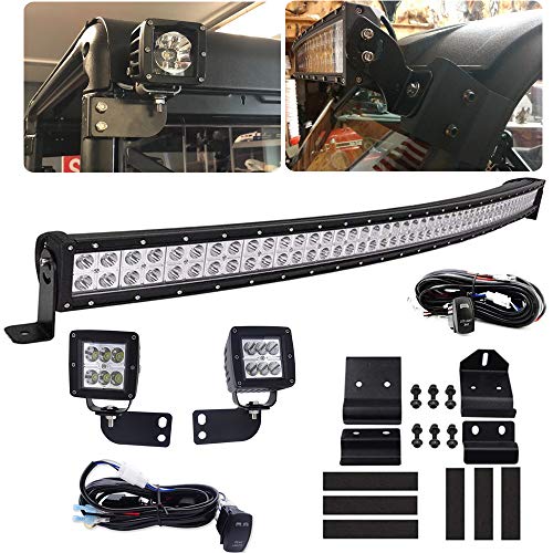 WeiSen Front Windshield 50 Inch 288W Curved LED Light Bar Pro-Fit Cage Mount Kit & Rear Roof Pair 3