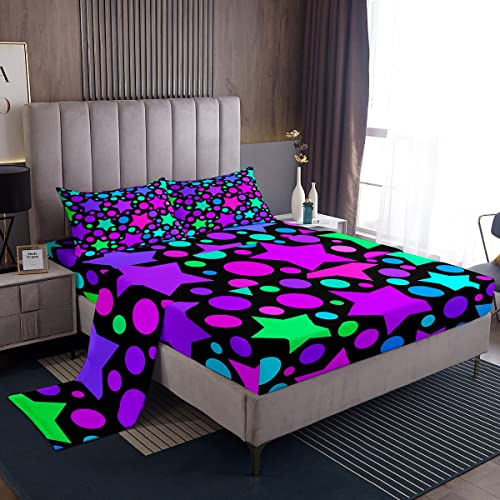 Erosebridal Girls Sheet Set Cute Stars Queen Sheets Kawaii Polka Dots Bed Sheets Multicolor Stars Printed Fitted Sheet Modern Fun All Season Cozy Top Sheet For Kids Teens 4Pcs #TOP14