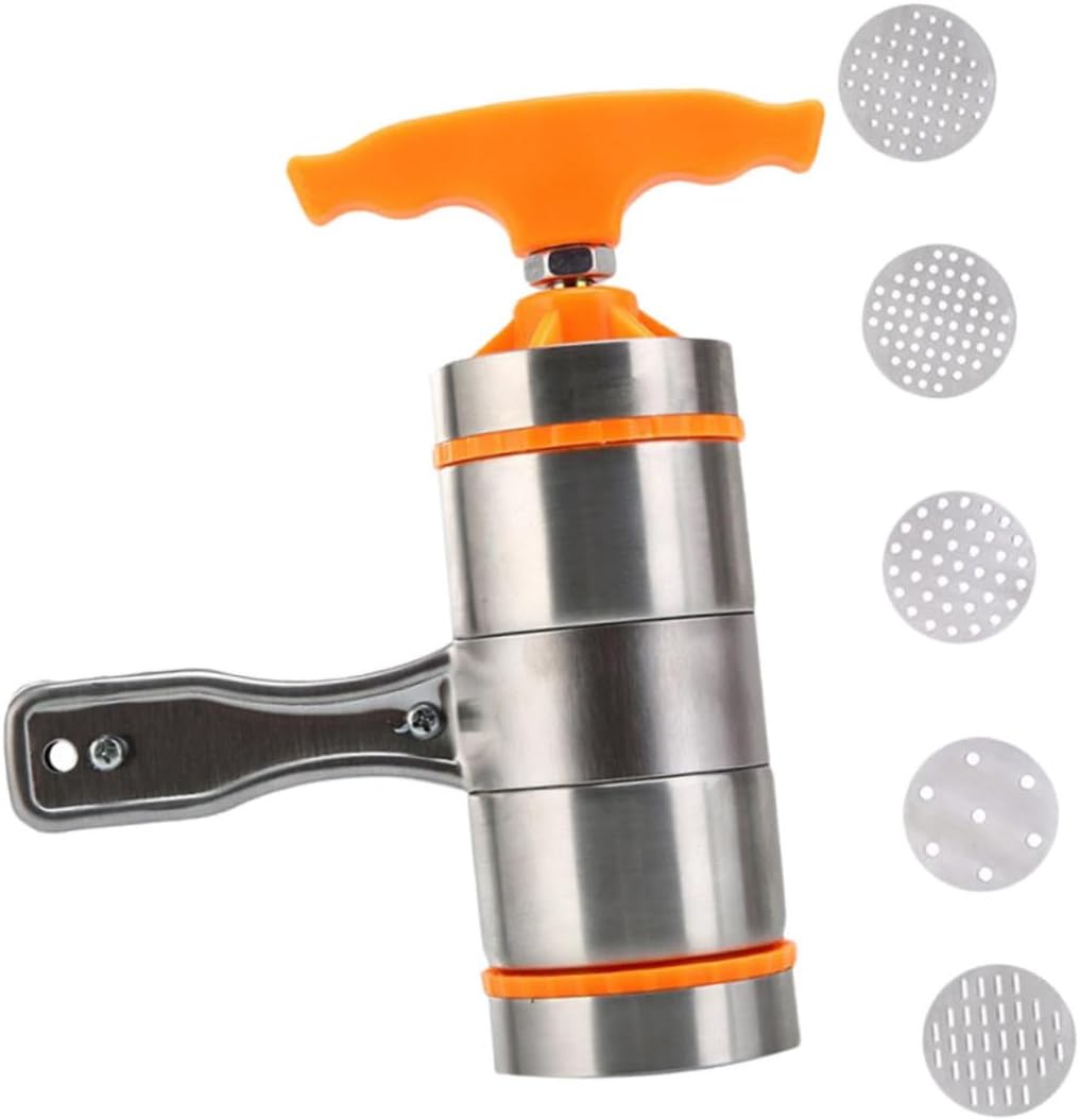 Manual Noodle Maker Stainless Steel Pasta Press Machine with 5 Molds Orange Handle Household Kitchen Tool for Homemade Noodles and Pasta Preparation