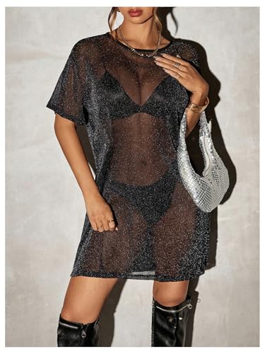 Floerns Women's Glitter Short Sleeve Party Dress Sheer Mesh Loose Club Short Dress4