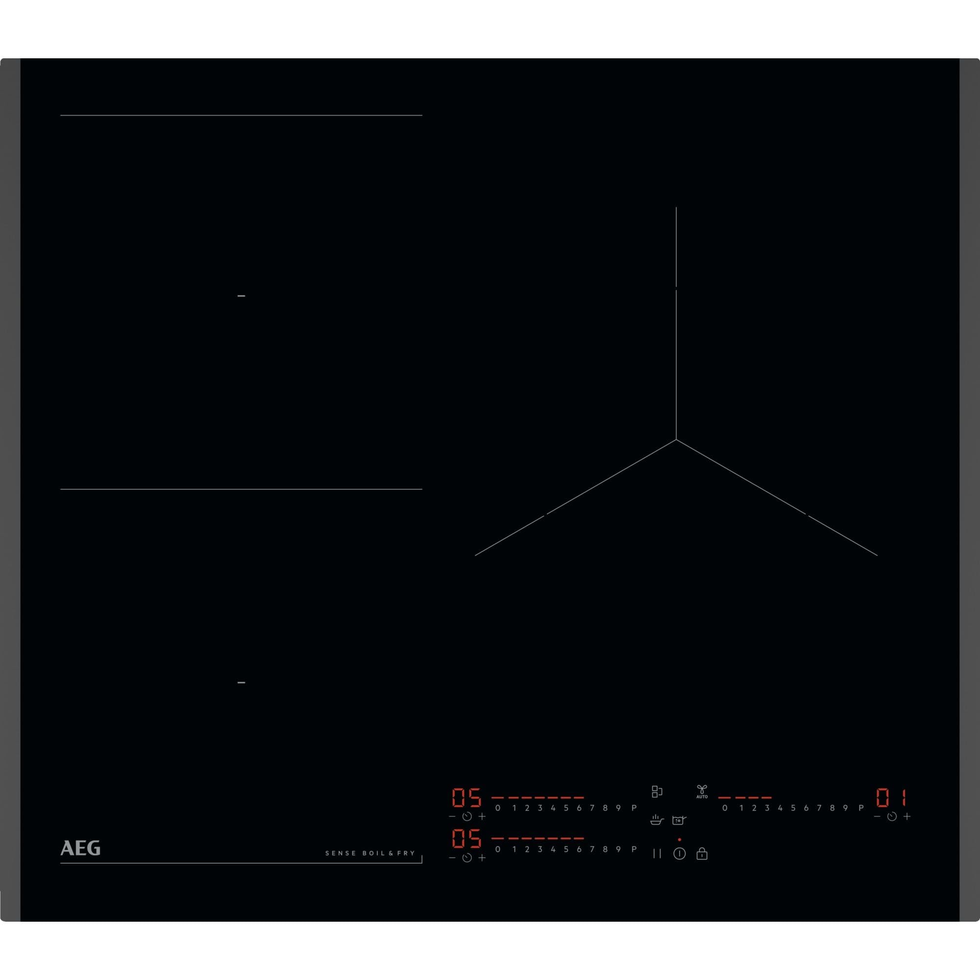 AEG TN63IP0BFB Placa de Inducción, 60 cm, 3 Zonas de Cocción, SenseBoil & SenseFry, FlexiPuente, Sistema Sistema Hob2Hood, Función PowerBoost y Pausa, Controles Deslizantes Independientes, Negro