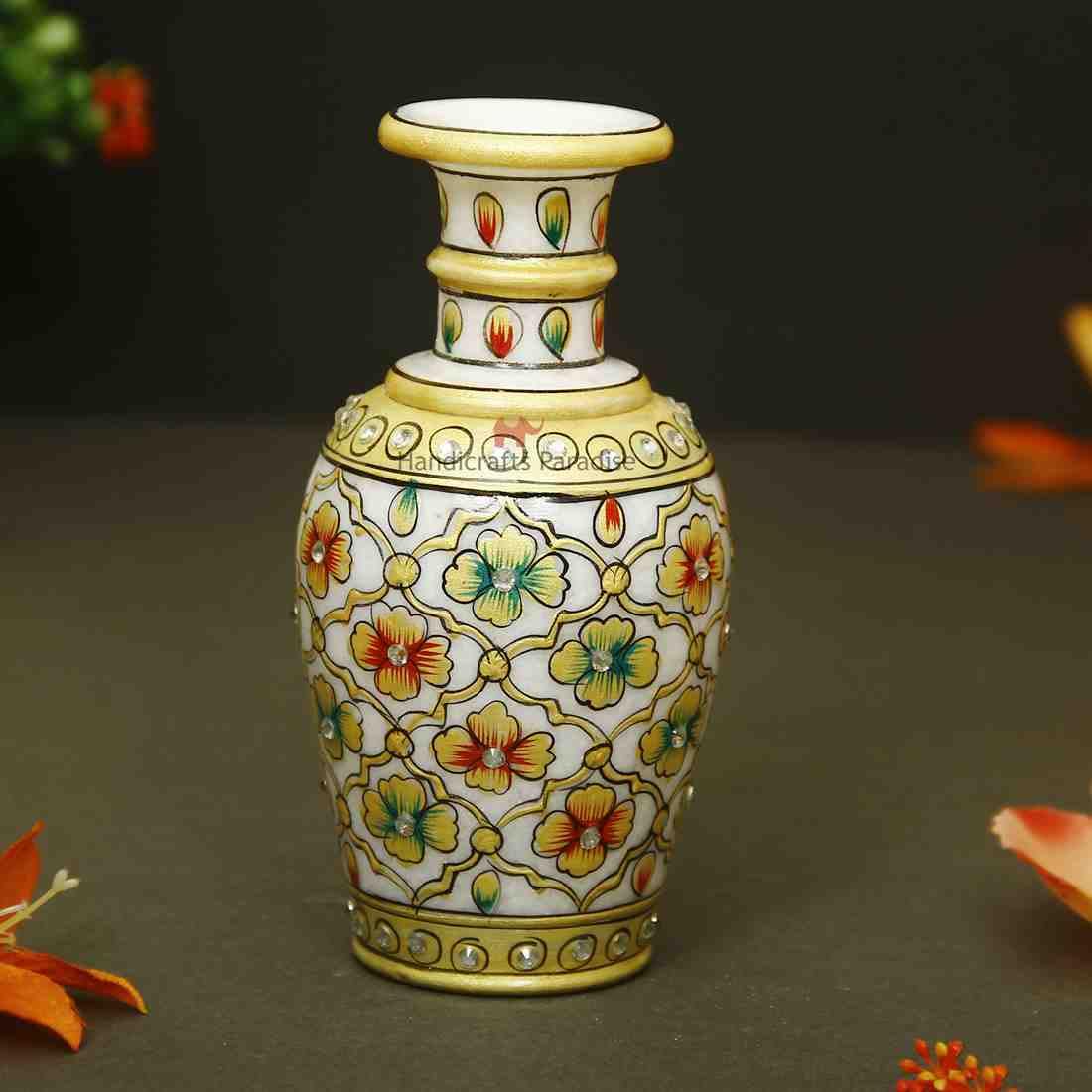 Handicrafts Paradise Marble flower vase with emboss painted mehrab design