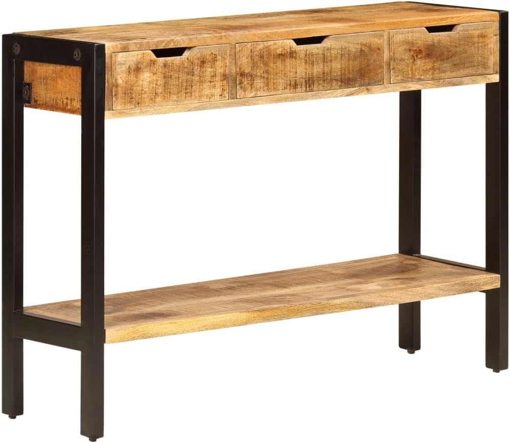 Vintage Solid Mango Wood Sideboard with Black Powder-Coated Steel Frame, 3 Drawers for Ample Storage, Sturdy and Durable Furniture Piece for Living Room or Hallway, Rustic
