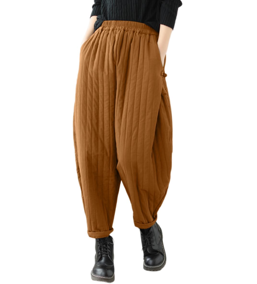 Women Winter Warm Down Cotton Pants Thicker Padded Quilted Pants Relaxed Fit Wide Leg Trousers with Pockets Orange