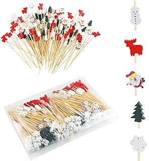 Bekeify Christmas Cocktail Sticks 200Pcs Wooden Cocktail Swizzle Picks 12cm Bamboo Toothpicks Snowflake Fruit Sticks Food Garnish Skewers for Xmas Party Sandwiches Christmas Tree Snowman Decoration