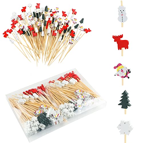 Bekeify Noël Cocktail Sticks 200Pcs Bâtonnets en Bois de Fruits 12cm Brochettes à Cocktail Cocktail Sticks Cure-Dents Bâtonnets Cocktail à Renne Brochettes père Noël pour Gâteau d'Noël Décoration Cover