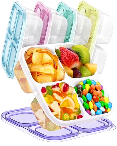 Canfanni 5 Pcs Bento Snack Containers, Reusable 4 Compartment Divided Food Storage Containers, Divided Lunchable Container for School, Work and Travel (All Transparent)