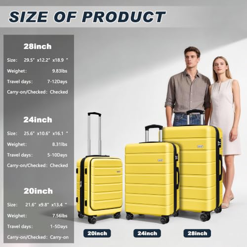 Image of KEYTANG SmileLine 3-Piece Luggage Set Lightweight Hardside Suitcase TSA Lock Spinner Wheels, 20 inch Expandable Carry-On Luggage with Quick Access Front Open Pocket, Bonus Makeup Bag,Yellow