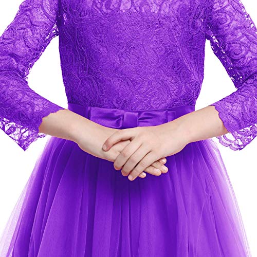 Flower Girl Long Princess Dress Vintage Lace Maxi Gown Kids Formal Wedding Bridesmaid Pageant Tulle Dresses Little Big Girls Elegant Bowknot Dance First Communion Birthday Prom Dresses Dark Purple 3-44