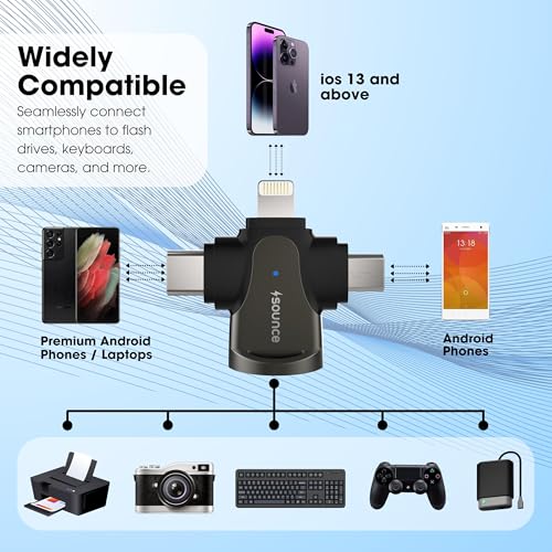 Image of Sounce 4-in-1 OTG Adapter Converter - Multi-Port OTG Hub with Lightning, Type-C, Micro USB & USB 3.0 for iOS, Android, Tablets & More - Fast Data Transfer & Universal Compatibility (Black)