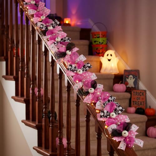 Pink Halloween Garland, Ghost Garland for Mantel, Farmhouse Halloween Decor | Cute Pink Ghost Decor with Pumpkins & Ribbons, Pastel Halloween Decorations for Mantel, Fireplace, Staircase & Entryway - image 5