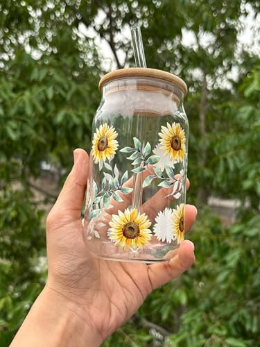 Image of THE UMBRELLA STORE Glass Tumbler Bamboo Lid and Straw, Coffee Tumbler, Reusable Glass (Sunflower)