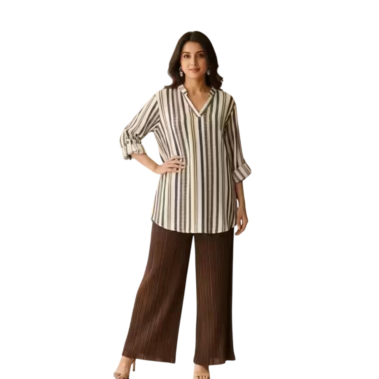 Women's Western Striped V-Neck Top and Wide Leg Trouser Co-ord Set, TOP:MULTICOLOUR PANT:BROWN-picture-48