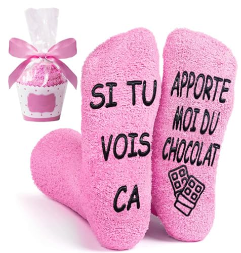 QXRXN Chaussettes Femme Fantaisie Chaussettes Chaudes Femme Antidérapantes Chaussettes SI TU VOIS ÇA APPORTE MOI DU CHOCOLAT, Chaussette Rigolote Femme Humour Idee Cadeau Noel Anniversaire 39 42