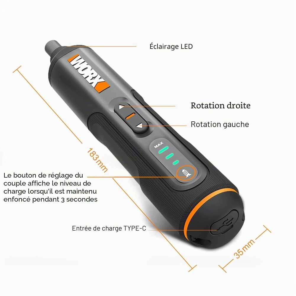 WORX Tournevis électrique sans fil 4V WX240 | Couple 2,5 Nm, 3 vitesses, 24 embouts, éclairage LED et recharge USB-C