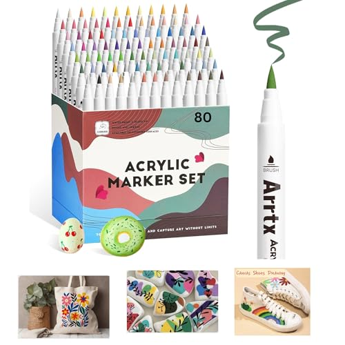 Image of BOLT BEE Acrylic Paint Markers with Brush Tips, Quick-Drying Waterproof Ink for Rock, Plastic, Wood, Canvas, Glass, Ceramic, Metal Art Crafts Projects (80 Color Acrylic Marker)