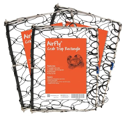 AirFly Foldable Castable Crab Trap - Crab Hawk & Crab Jaw Star Trap with Bait Clip - Portable Fishing Rod Crab Pot for Blue Crabs & Dungeness - Designed in USA (3 Traps)