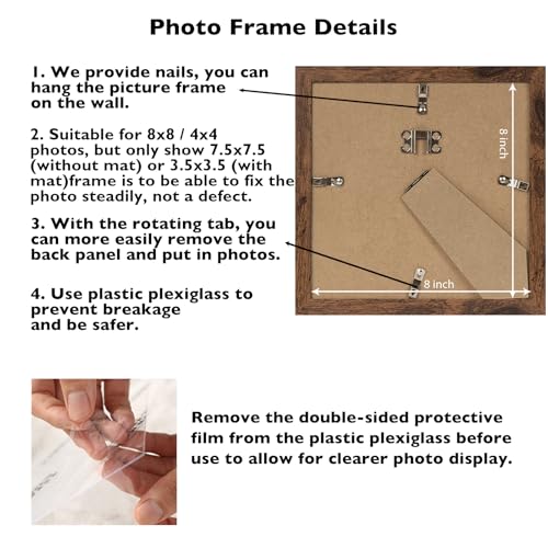 Image of JCJMY 8x8 Picture Frame with Mat, Display 4x4 with Mat or 8 x 8 without Mat, Wood Square 8 by 8 Photo Frames for Wall Hanging or Tabletop, 1 Pack, Deep Brown
