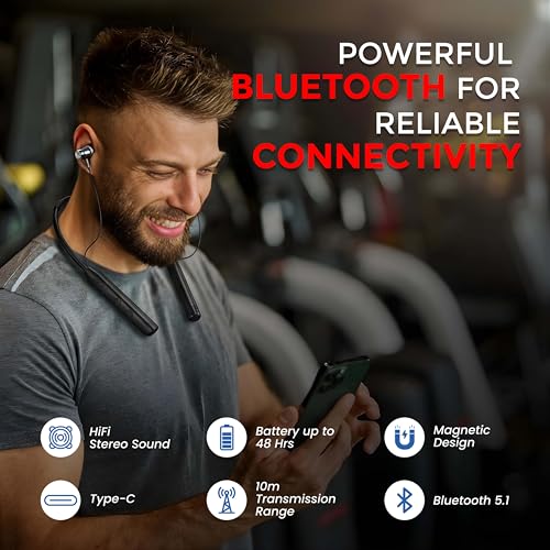 Image of MAK Wireless Neckband Earphones with 12mm Deep Bass, Magnetic Earbuds, Lightweight Ergonomic Design, Bluetooth Connectivity & Long Battery Life, Premium Black Neckband in Black