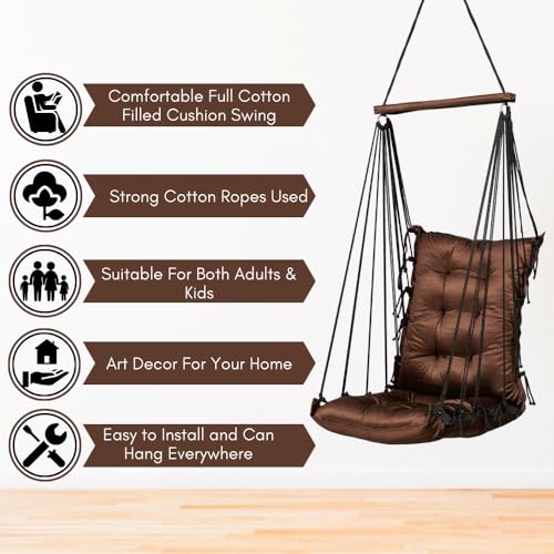 Image of Patiofy Soft Cotton Hammock Hanging Swing for Adults & Kids /Swing Chair for Home /Jhula for Adults /Swing for Living Room /Swing for Home Balcony /Hanging Jhula Chair (Brown)