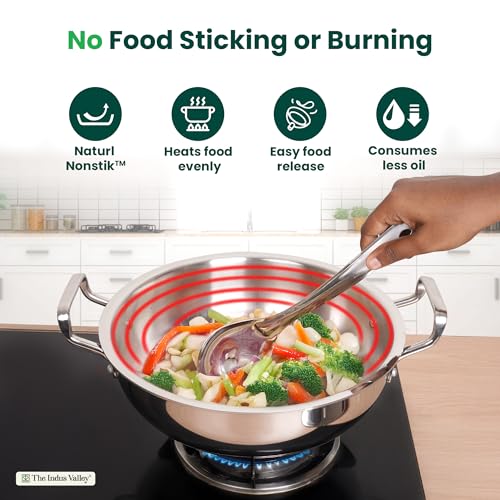 Image of The Indus Valley Triply Stainless Steel Deep Kadai /Kadhai 3.5 LTR with Stainless Steel Lid | 24 cm /9.44 inch,1.80kg | Induction Friendly | Nonstick 3-Layer Body, 100% Pure & Toxin-Free