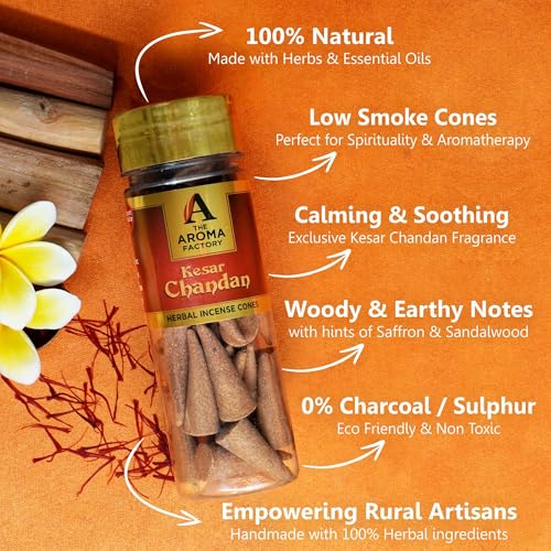 Image of The Aroma Factory Incense Dhoop Cone Kesar Chandan Sandalwood (100% Herbal & 0% Charcoal) 3 Bottles x 30 Cones