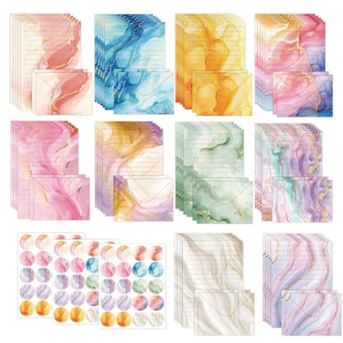 Inodiref 160 Stück Briefpapier mit Umschlag Set,50 A5 Aquarell Liniert und 50 Briefumschläge Bunte Briefpapier Mädchen mit 60 Sticker für Briefe Grußkarten Einladungen und Feste(10 Farben)