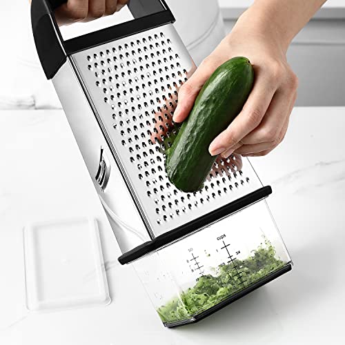 Spring Chef Professional Cheese Grater, Stainless Steel With Soft Grip Handle, 4 Sides, Handheld Kitchen Food Shredder Best Box Grater For Parmesan Cheese, Vegetables, Ginger, 10" Black #TOP5