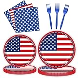 96 Pcs American Flag Patriotic Party Plates and Napkins, Forks Supplies - Disposable Tableware Paper Set for Veterans, Election, 4th of July, Independence Day Decorations, Serves 24 Guests