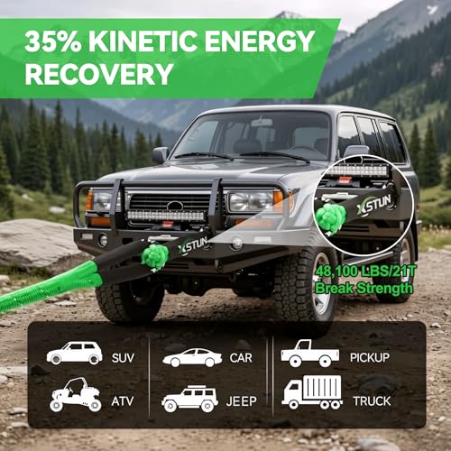 XSTUN 1" x30ft Kinetic Recovery Rope, 35% Stretch - 48K lbs Snatch Rope for Offroad & Snow Rescue, Includes Level 5 Cut-Resistant Gloves, Compatible with Jeep, Truck & ATV (Green) — view 4