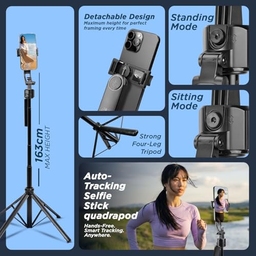 Image of HIFFIN H8 AI-Powered 360 Auto Face Tracking Selfie Stick Tripod with Sensor, 63-inch /160 cm Aluminium Extension Stand for Mobile & Camera, Quad-Leg Stability, Auto Rotation for Vlogging & Shooting